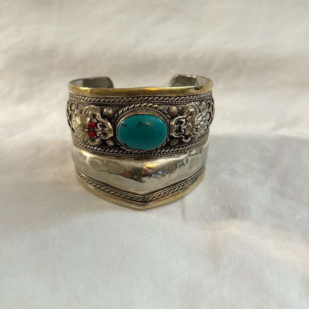 Silver Metal Dragon and Turquoise Cuff Bracelet
